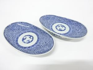 古伊万里　染付　蛸唐草　長皿　2客